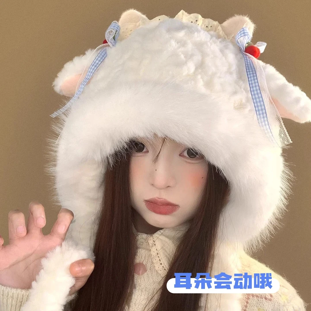 可爱蝴蝶结小羊毛绒帽女冬季新款耳朵会动帽加绒加厚保暖雷锋帽子