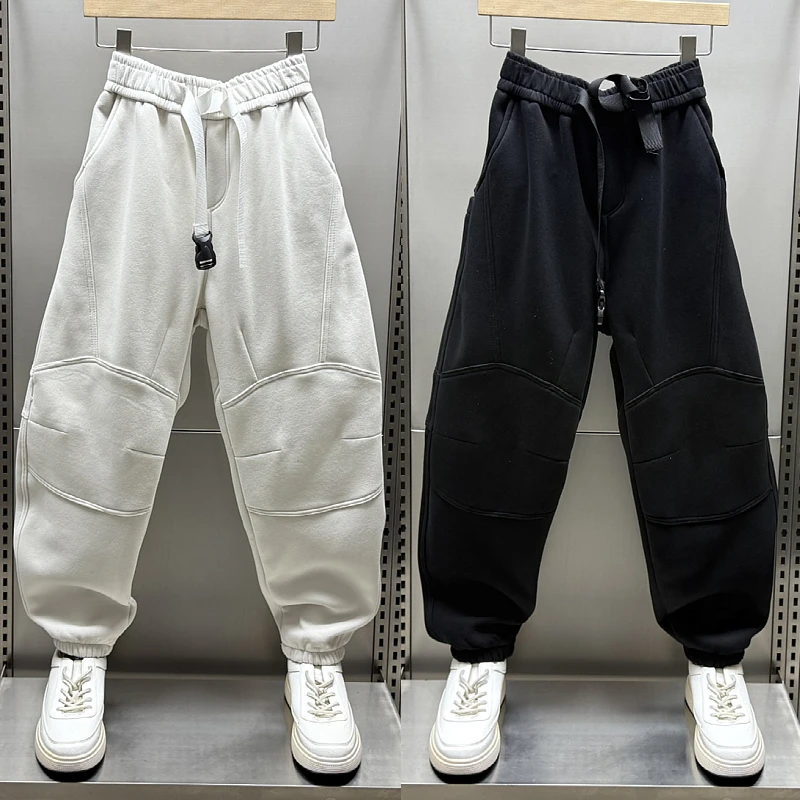 秋冬新款潮牌加绒加厚拼接束脚裤设计感百搭痞帅哈伦裤卫裤运动裤