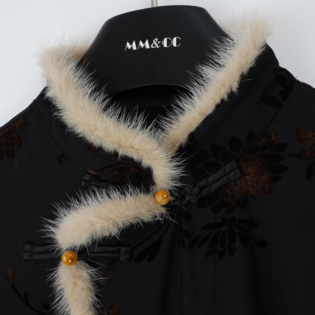 【松间月】新中式国风植绒烧花显瘦拼水貂毛加绒内搭上衣F9855