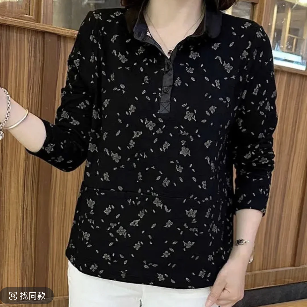 11秋季打底衫翻领休闲风碎花中老年女装大码长袖T恤上衣宽松