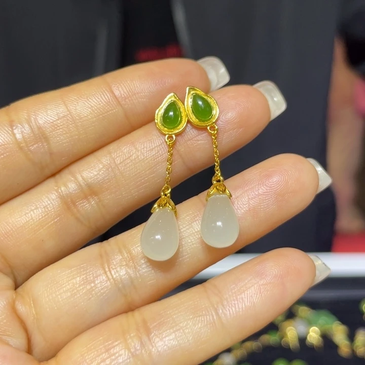 和田玉银S925镶嵌耳饰