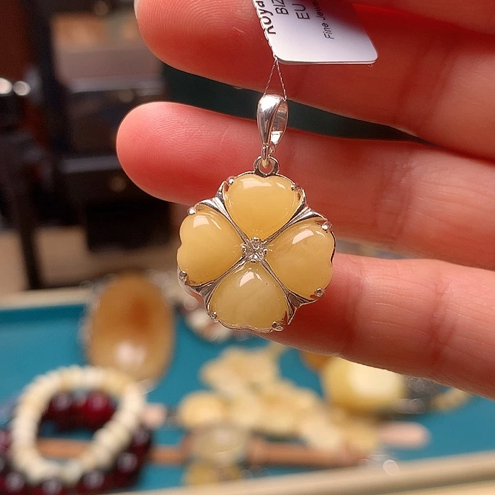 银S925镶嵌颈饰琥珀波兰设计款琥珀蜜蜡吊坠