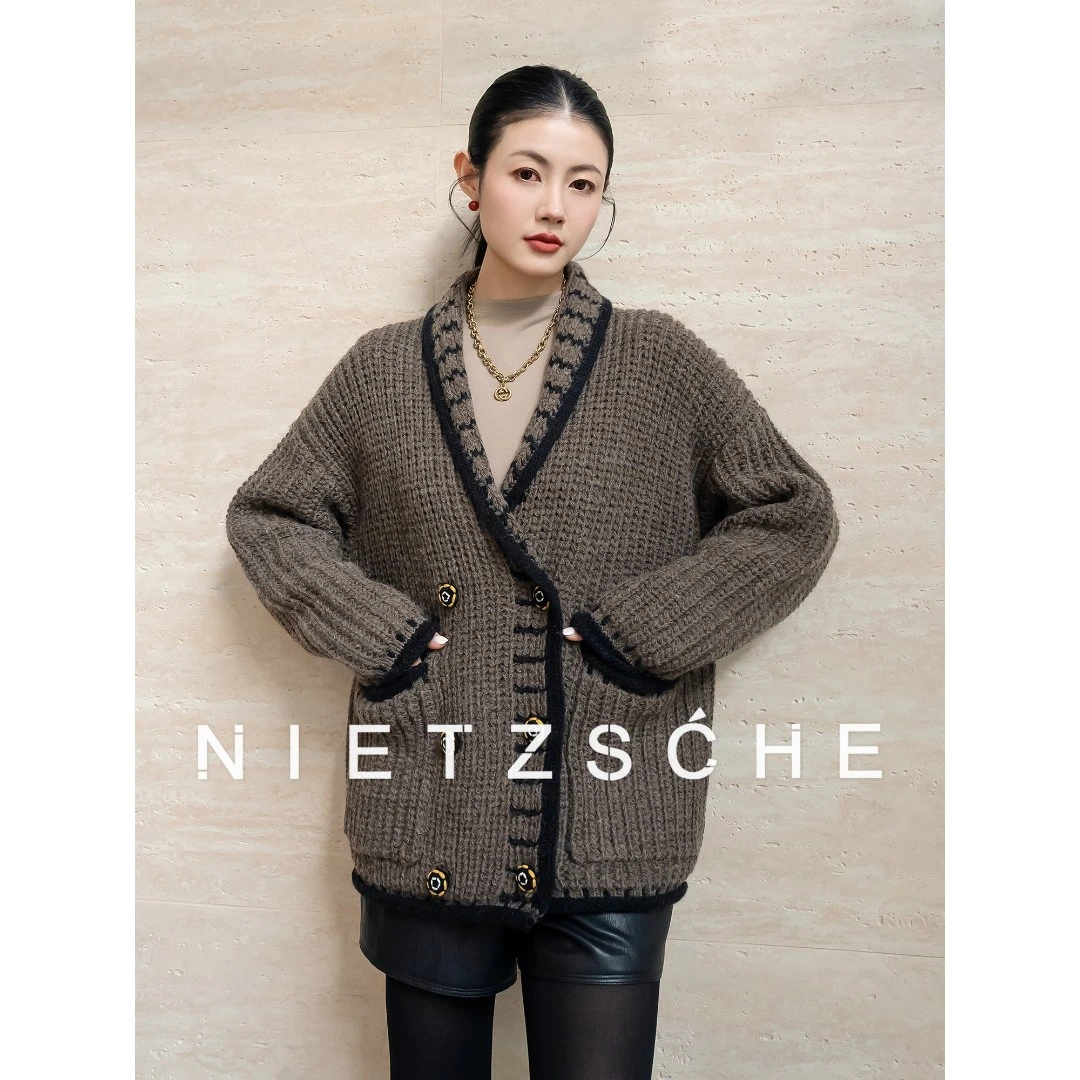 尼采 官方直营｜青果毛衣外套｜羊毛 冰岛毛双排扣女装针织衫1766