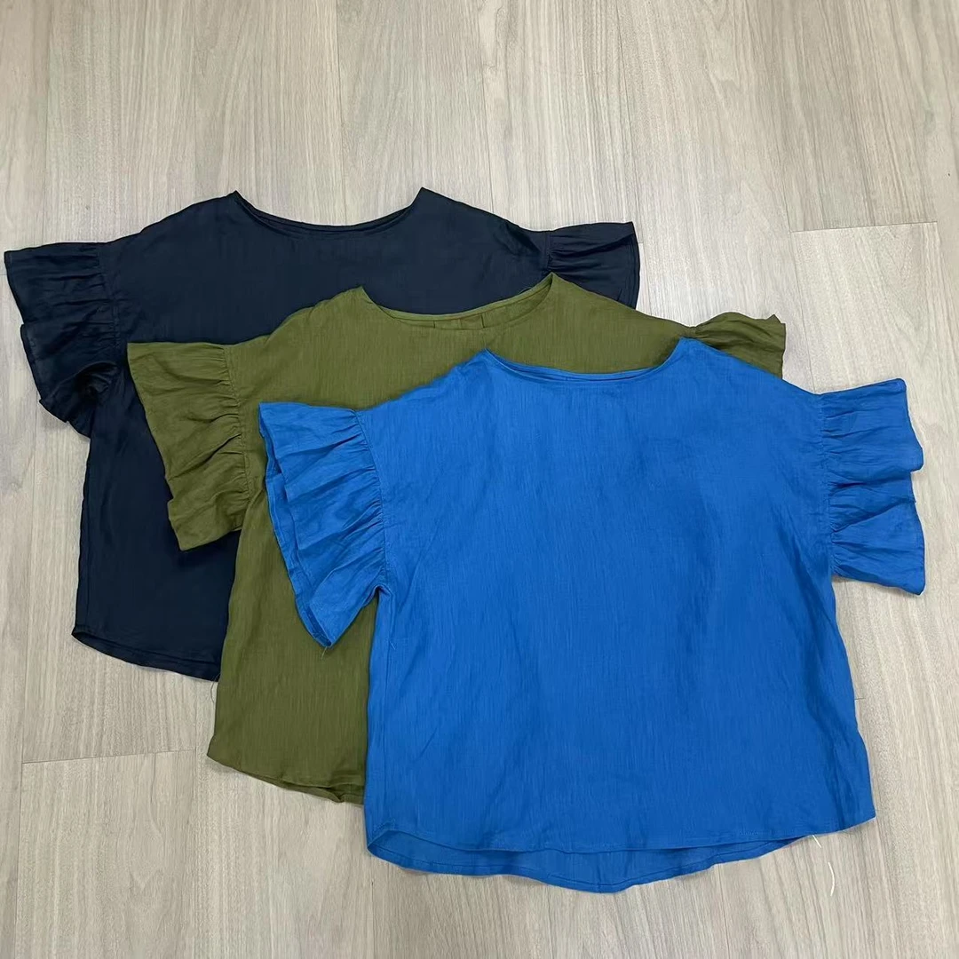 25女性日记文艺感亚麻压褶飞飞袖圆领木耳边别致衬衫上衣25062144