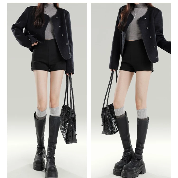 黑色加绒短裤女高腰设计感西装2025秋冬小个子显瘦高级感a字热裤