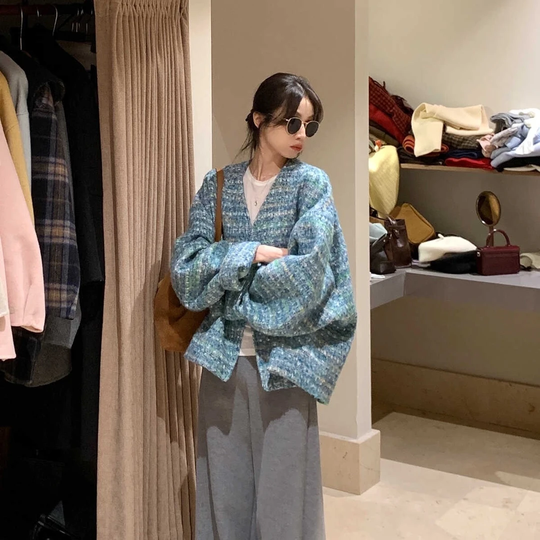 高级感蓝色特种纱毛呢夹羽绒加厚短外套