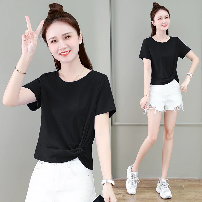 黑色修身不规则别致短袖T恤女2025夏季新款显瘦百搭纯色洋气上衣