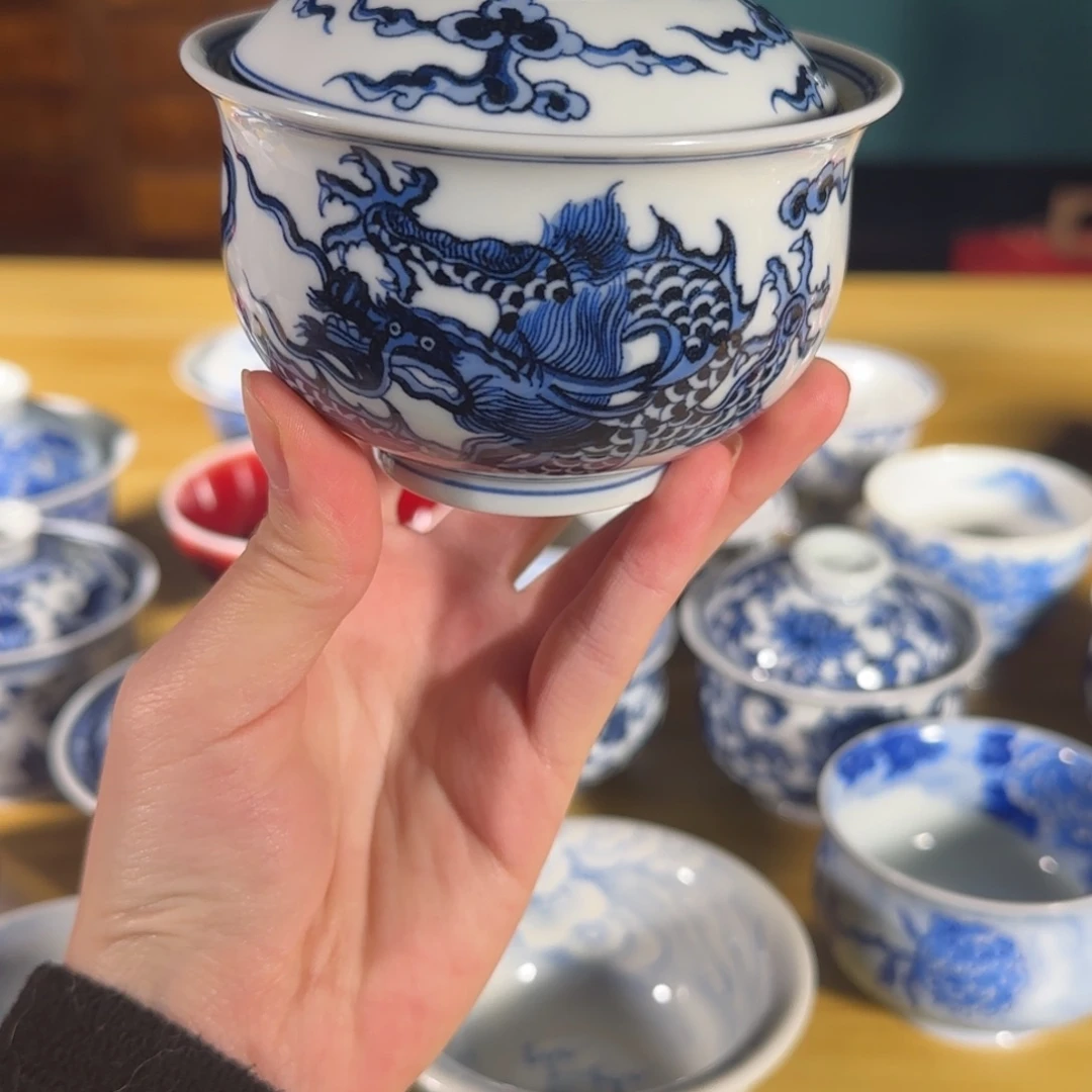 柴窑烧制手工手绘祥云龙纹布袋盖碗