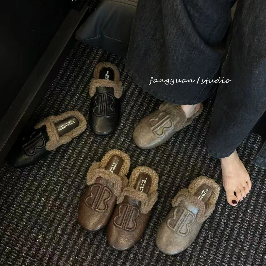 女韩版复古港风千金风浅口包头拖平底厚底软底秋冬外穿毛毛拖鞋
