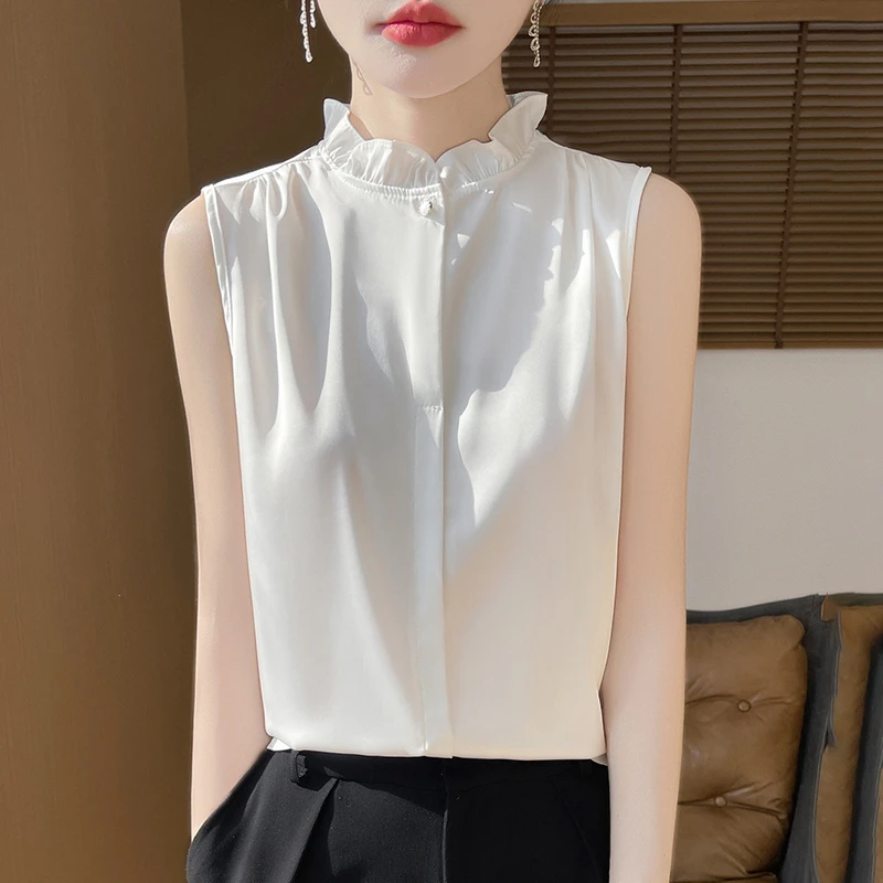 2025年衬衫法式花边木耳领无袖上衣气质职业装百搭洋气背心打底