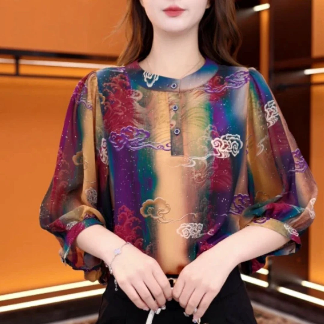 圆领气质印花短袖衬衫女夏季洋气时髦上衣显瘦宽松遮肚子妈妈小衫