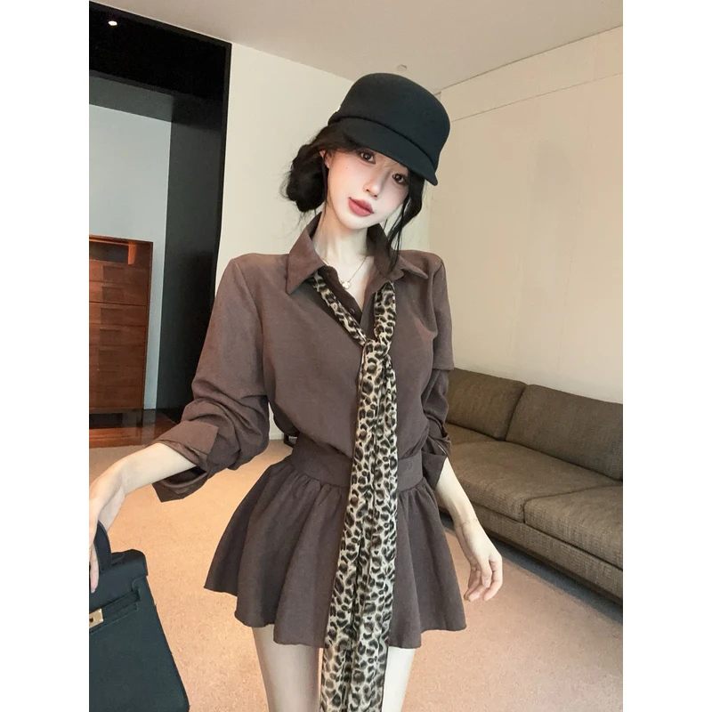 新款韩版衬衣裙连衣裙短裙女秋季翻领长袖收腰豹纹系带显瘦裙子女