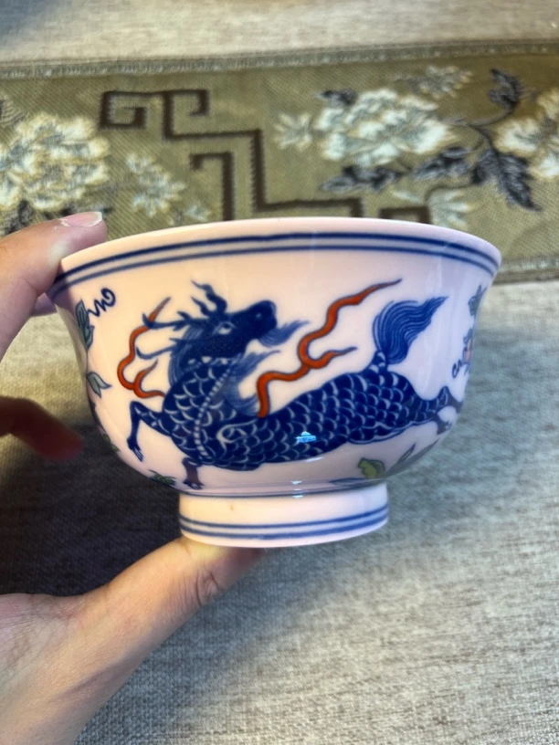 景德镇陶瓷红稀土斗彩麒麟大茶碗手工釉中彩喝茶大茶碗茶杯