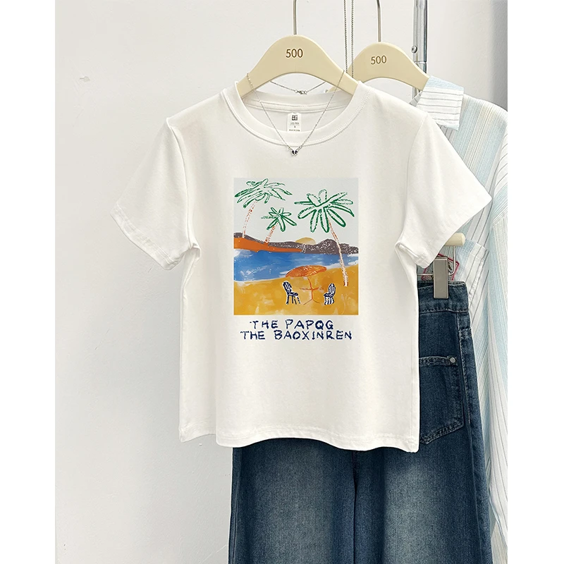 夏天小衫圆领短袖T恤女韩版休闲百搭设计感小众显瘦正肩上衣ins潮