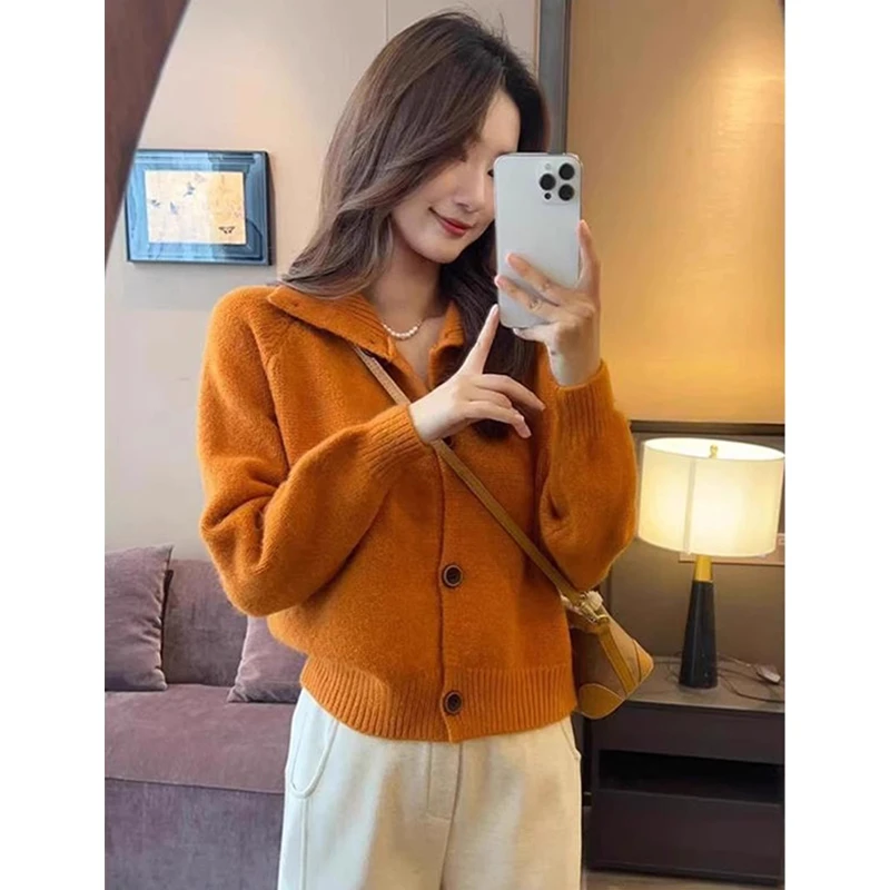 时尚小众翻领针织开衫减龄长袖毛衣女外套2025年秋冬季新款设计感