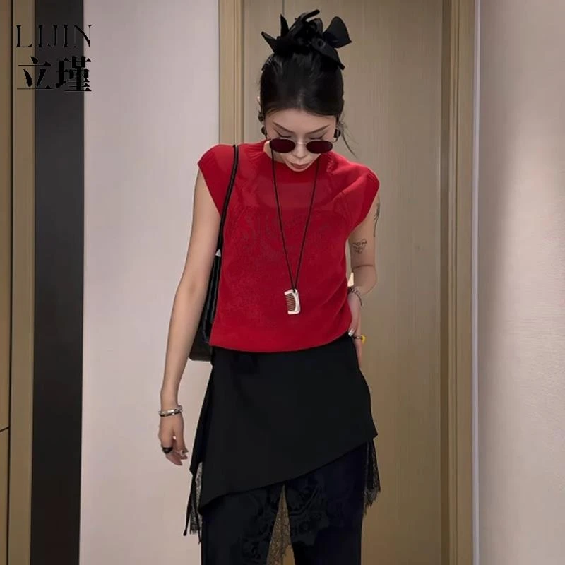 时尚气质百搭红色无袖针织衫女2025夏季新款修身显瘦小众圆领上衣