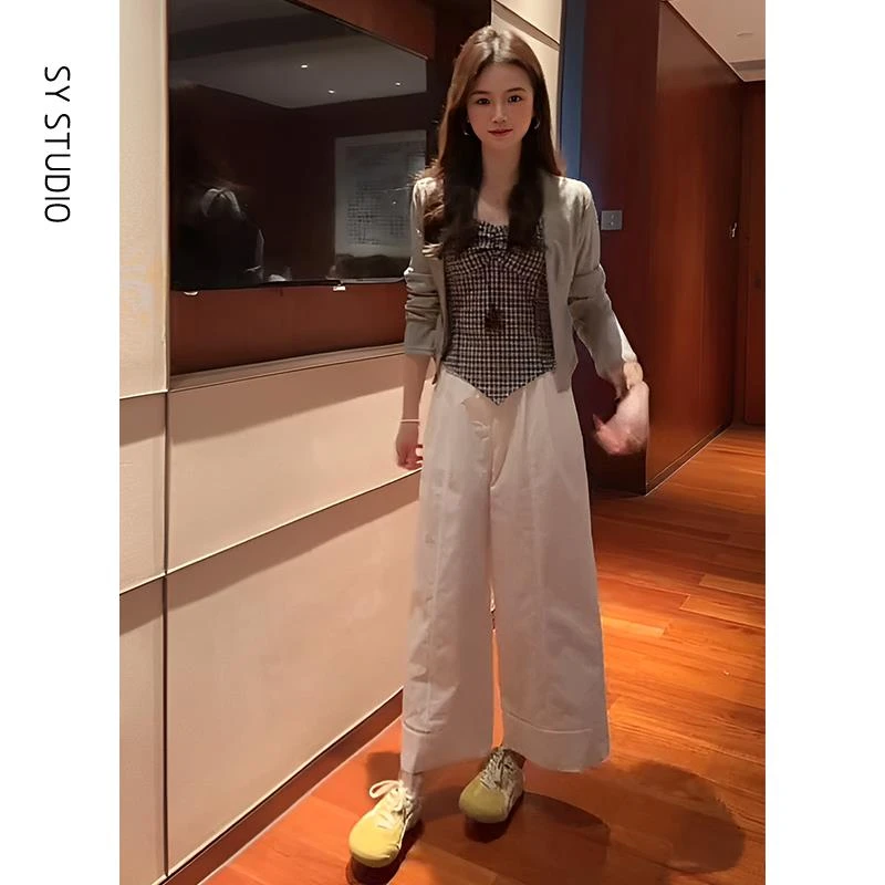 VOCKOO官方2025超火穿搭一整套不规则短款格子吊带薄款开衫高腰显