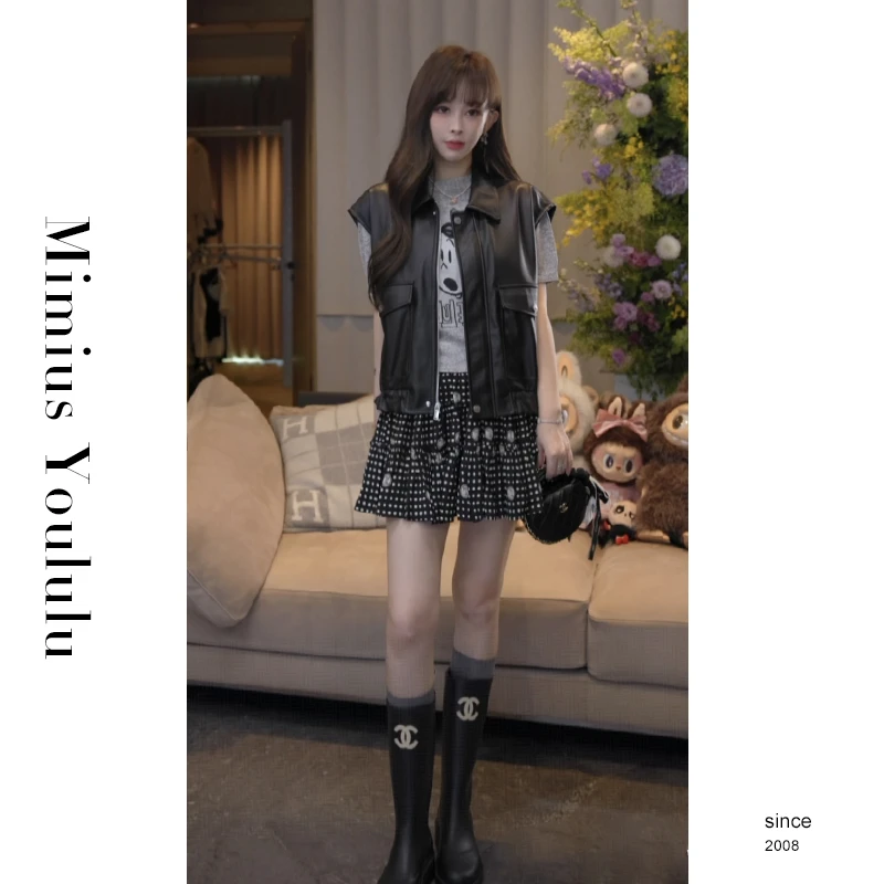 【mimius】七七 复古摩登百搭通勤翻领皮衣马甲外套 G07120