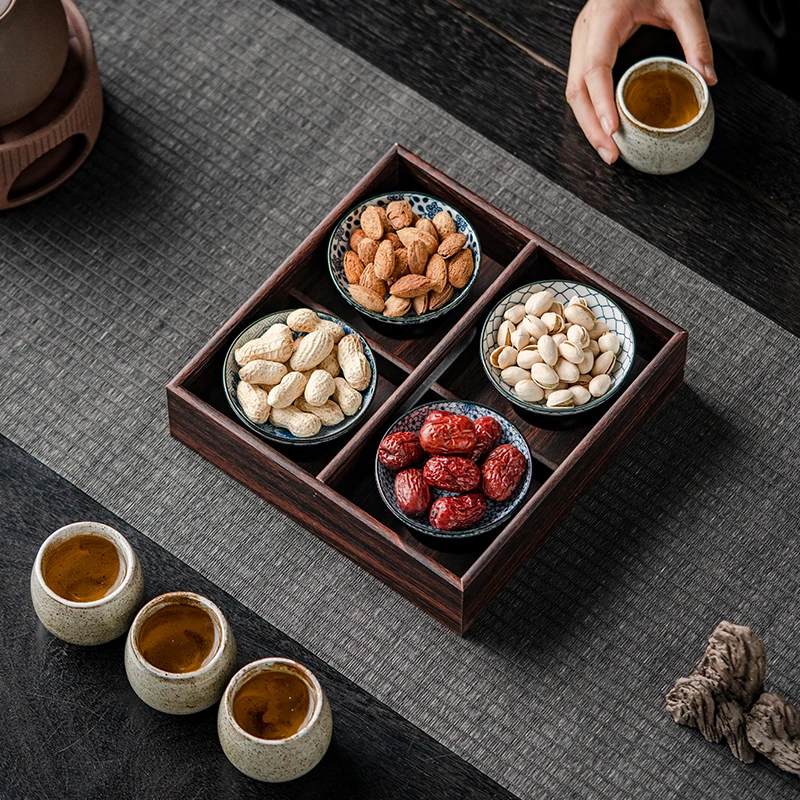 围炉煮茶托盘水果零食下午茶青花陶瓷果盘点心盘四宫格木质干果盘