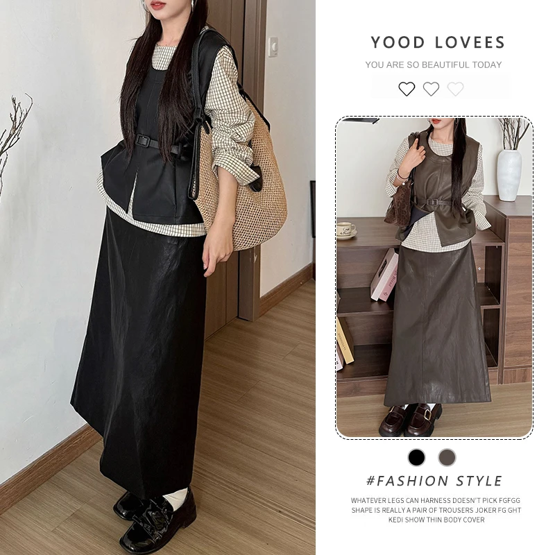 简约格子长袖衬衫收腰马甲上衣2025春秋新款气质显瘦半身裙三件套