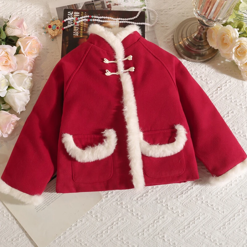 【豆子】女童中国风古风毛呢外套马面裙套装9652