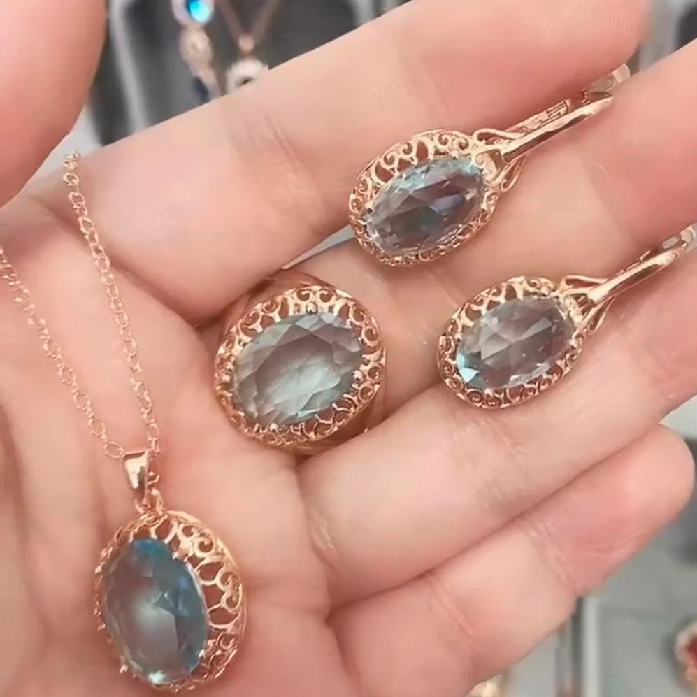 铜合金合成锆石耳饰 24复古红金电镀585手工轻奢时尚精美套装镶嵌