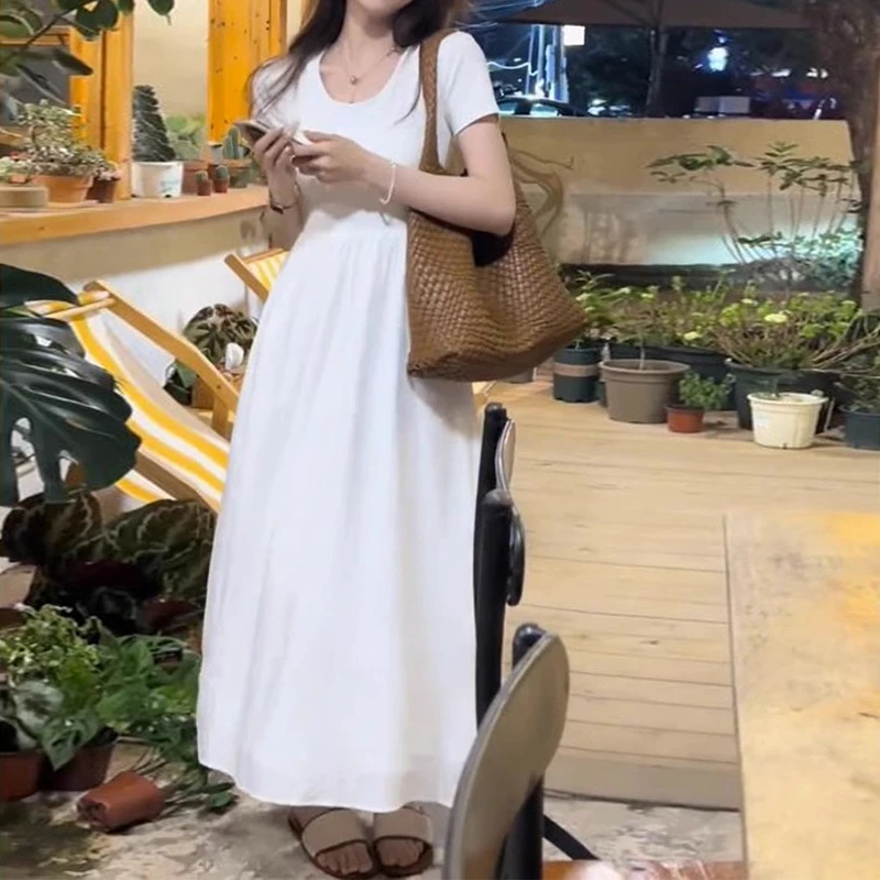 D345白色垂坠感连衣裙法式极简风长裙子女夏季2025新款减龄高级感