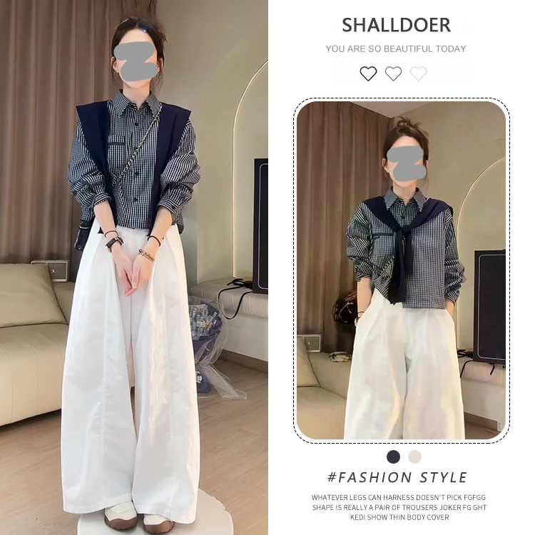 轻熟小众不撞款套装女2025春秋新款披肩格纹长袖衬衫阔腿裤三件套