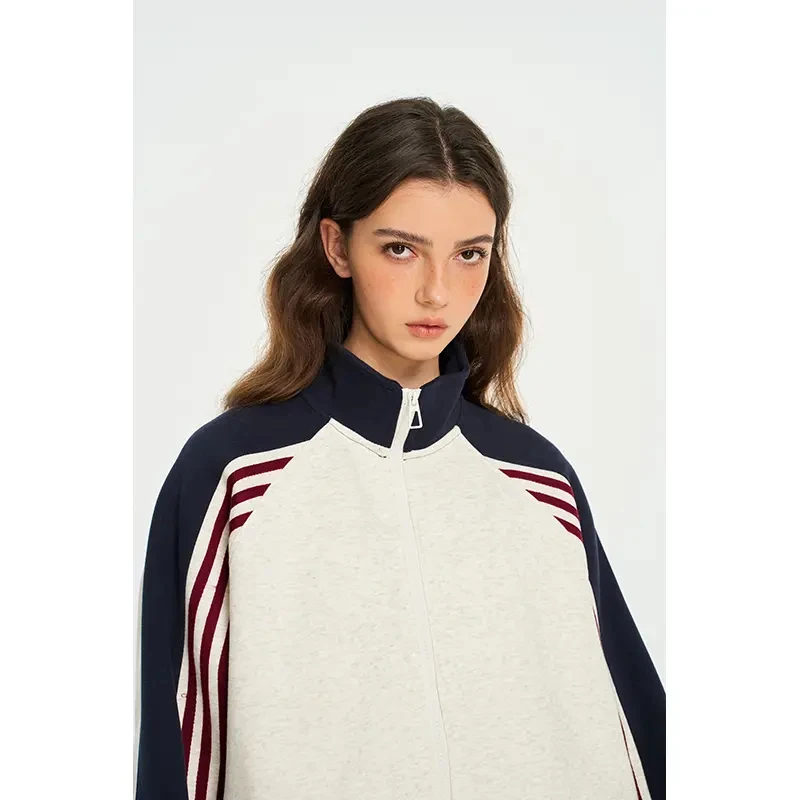 2025春秋拼接撞色三条杠织带卫衣开衫夹克ootd穿搭男女同款L8023_