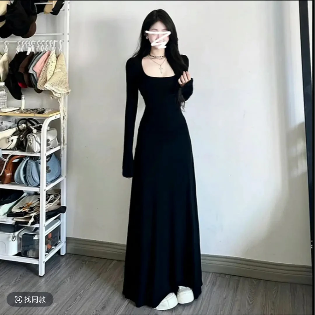 【衣长140CM】高个子175秋冬复古显瘦气质方领修身长袖打底连衣裙女