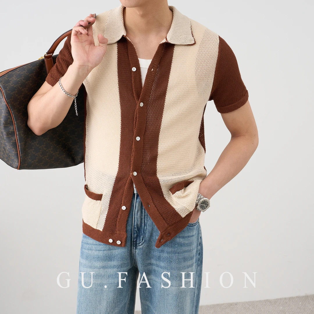 【透气棉麻撞色】GU FASHION轻奢复古老钱镂空翻领短袖POLO衫男款