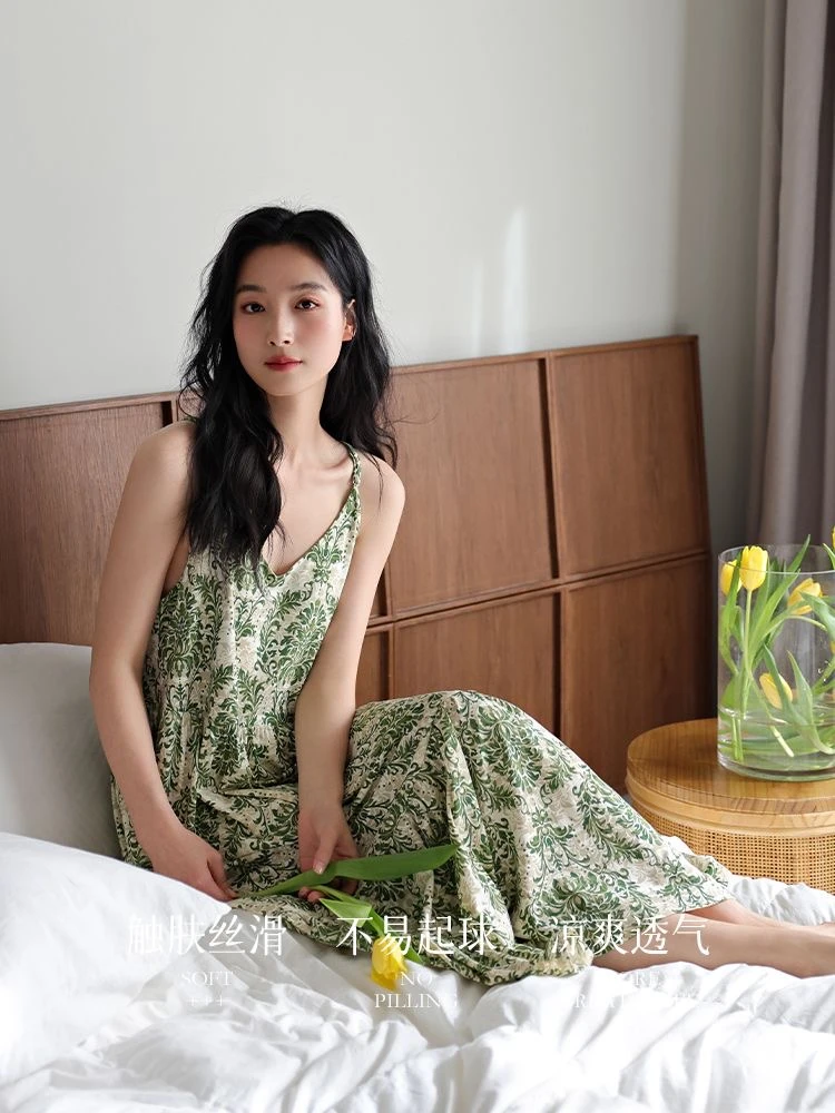 女家居服吊带睡裙薄荷曼波带胸垫冰丝睡衣休闲连衣裙子可外穿大码