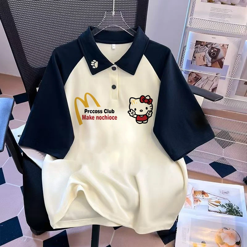 中大童卡通polo衫撞色翻领短袖T恤男女童夏季宽松插肩半袖上衣潮