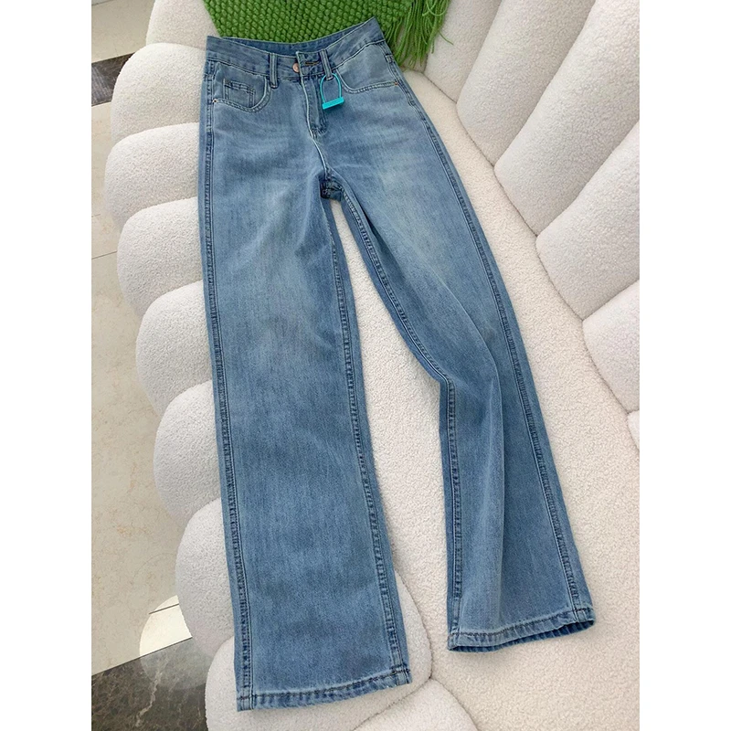 浅色直筒牛仔裤女宽松显瘦2025新款夏季薄款韩版高腰窄版辣妹穿搭