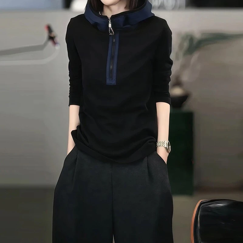 2025秋冬新款女拼色连帽半拉链立领卫衣时尚显瘦百搭洋气打底衫