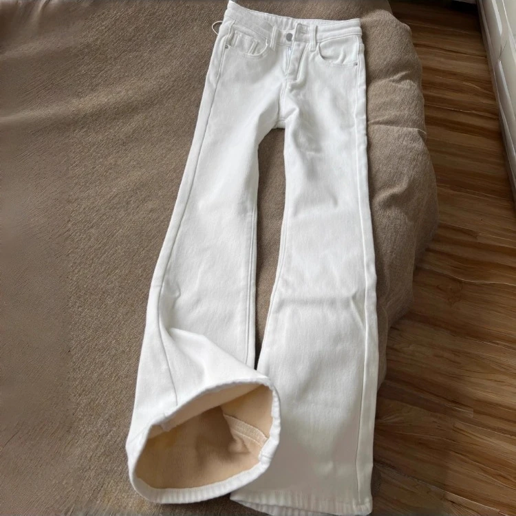 白色微喇牛仔裤女秋冬新款加绒高腰设计感显瘦小个子阔腿喇叭长裤
