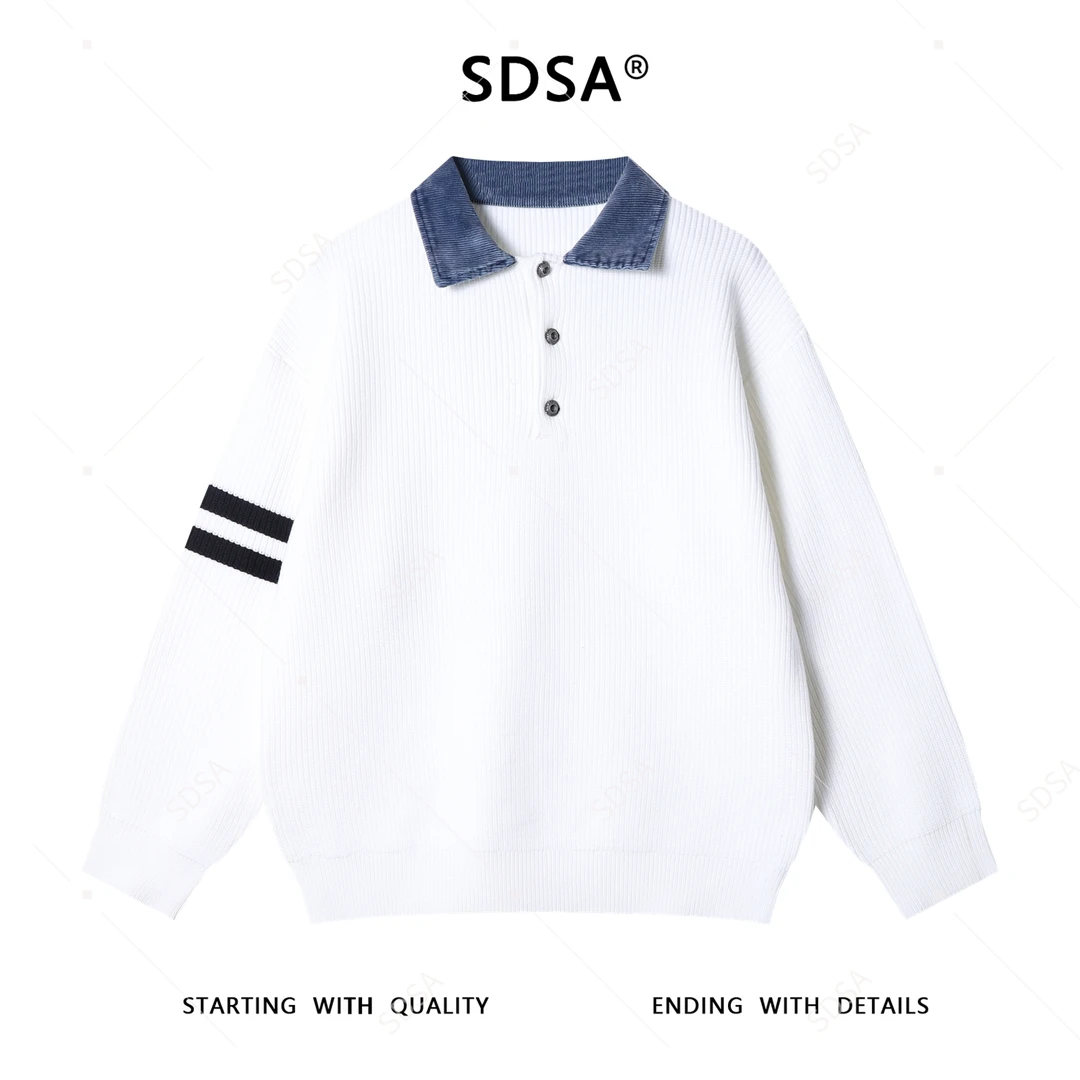 SDSA男士秋冬新款痞帅男装韩版撞色竖纹拼接POLO领毛衣百搭时尚