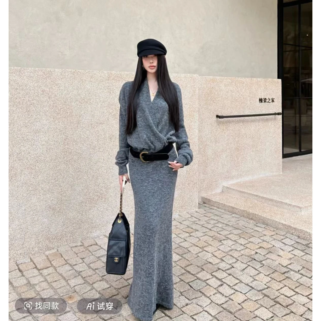 秋冬韩系显瘦毛衣气质小香风女神交叉V领毛衣上衣半身长裙配腰带