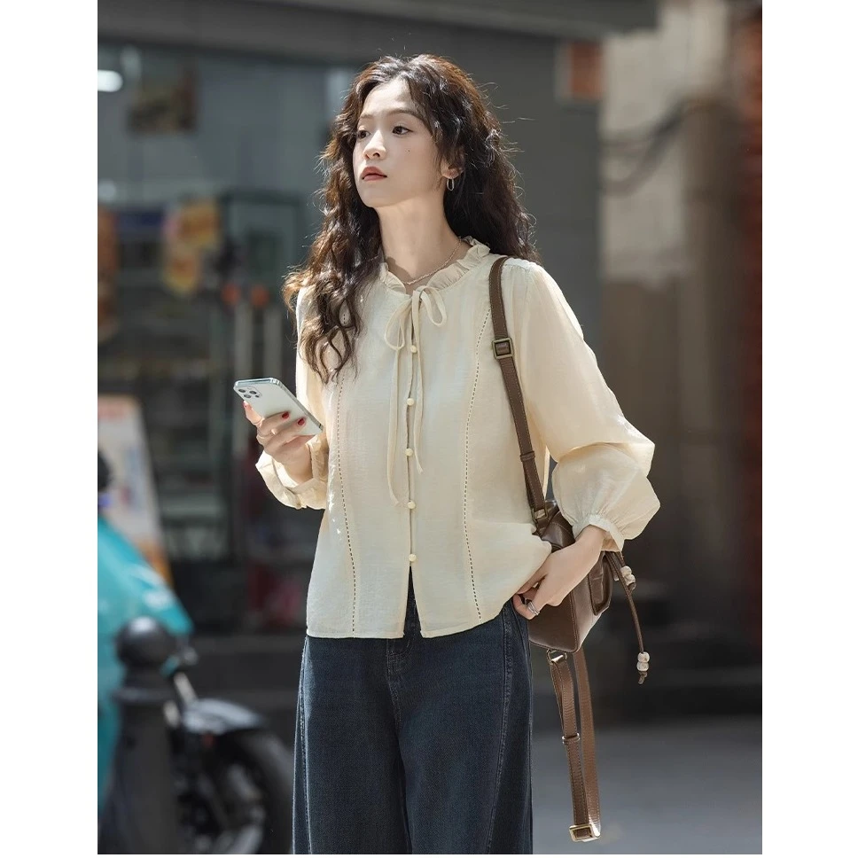 2025春季新款温柔百搭系带花边领雪纺衬衫女搭配牛仔裤气质两件套
