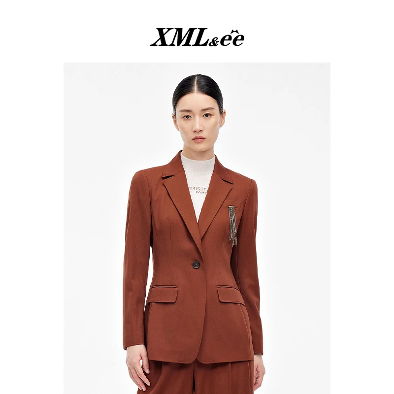 XMLee艾米尔 咖色100%绵羊毛经典收腰西装外套 X332X3209