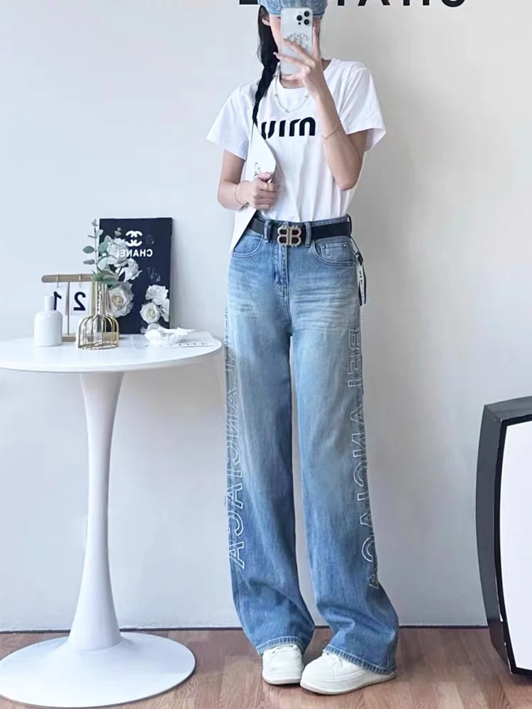 306做旧重工字母高腰直筒牛仔裤女早春宽松显瘦阔腿拖地长裤福利