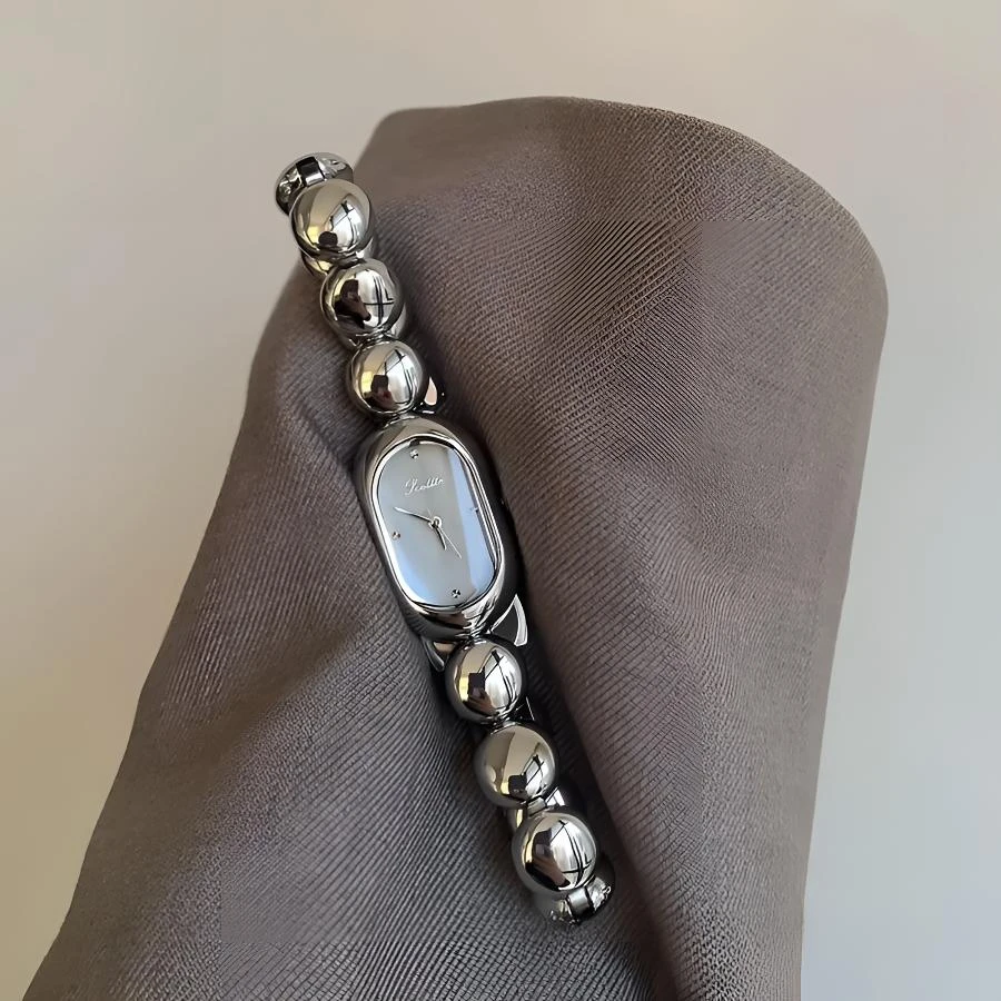 格雷灰银色豆豆设计感表带时尚小众轻奢高级感百搭气质女士石英表