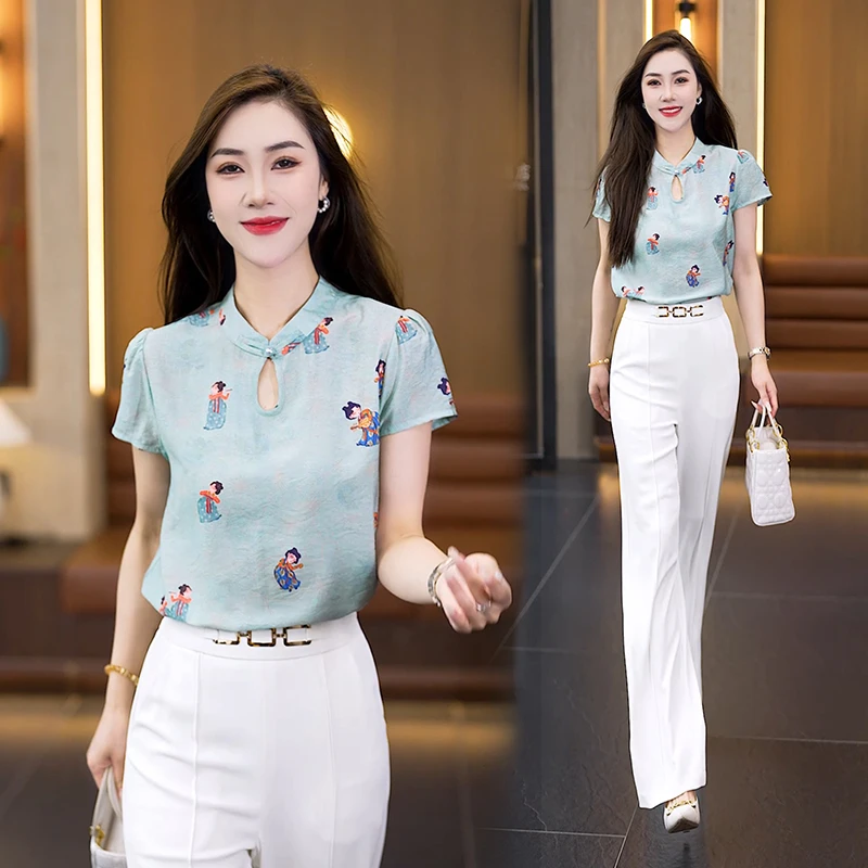时尚衬衫夏季洋气气质显瘦休闲百搭复古新中式修身印花短袖上衣