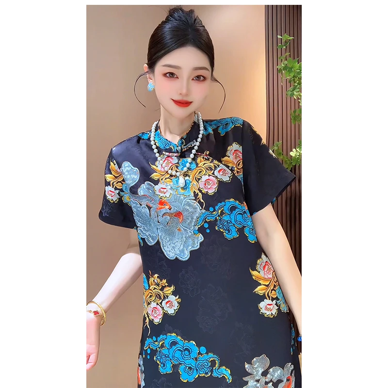 【鲤跃牡丹】国风新中式旗袍裙人丝提花复古A字连衣裙短裙裙子女装