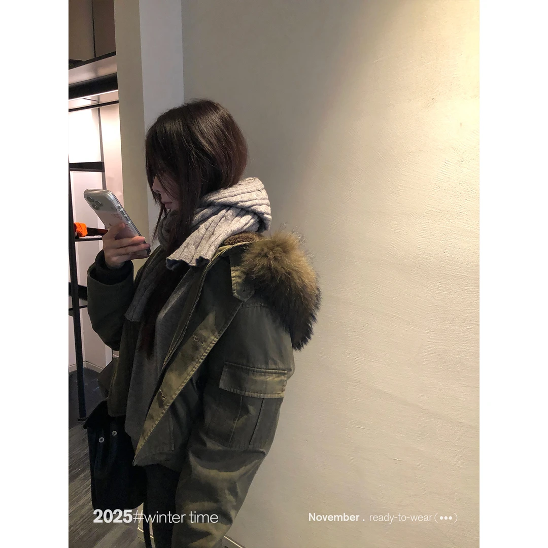 SUNONEONE 100貉子毛领短款工装夹克外套女冬美式复古上衣H1327W