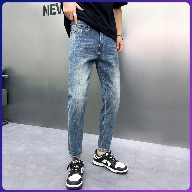 潮流韩版高级烫钻水洗夏季小直筒时尚休闲百搭弹力修身男士牛仔裤