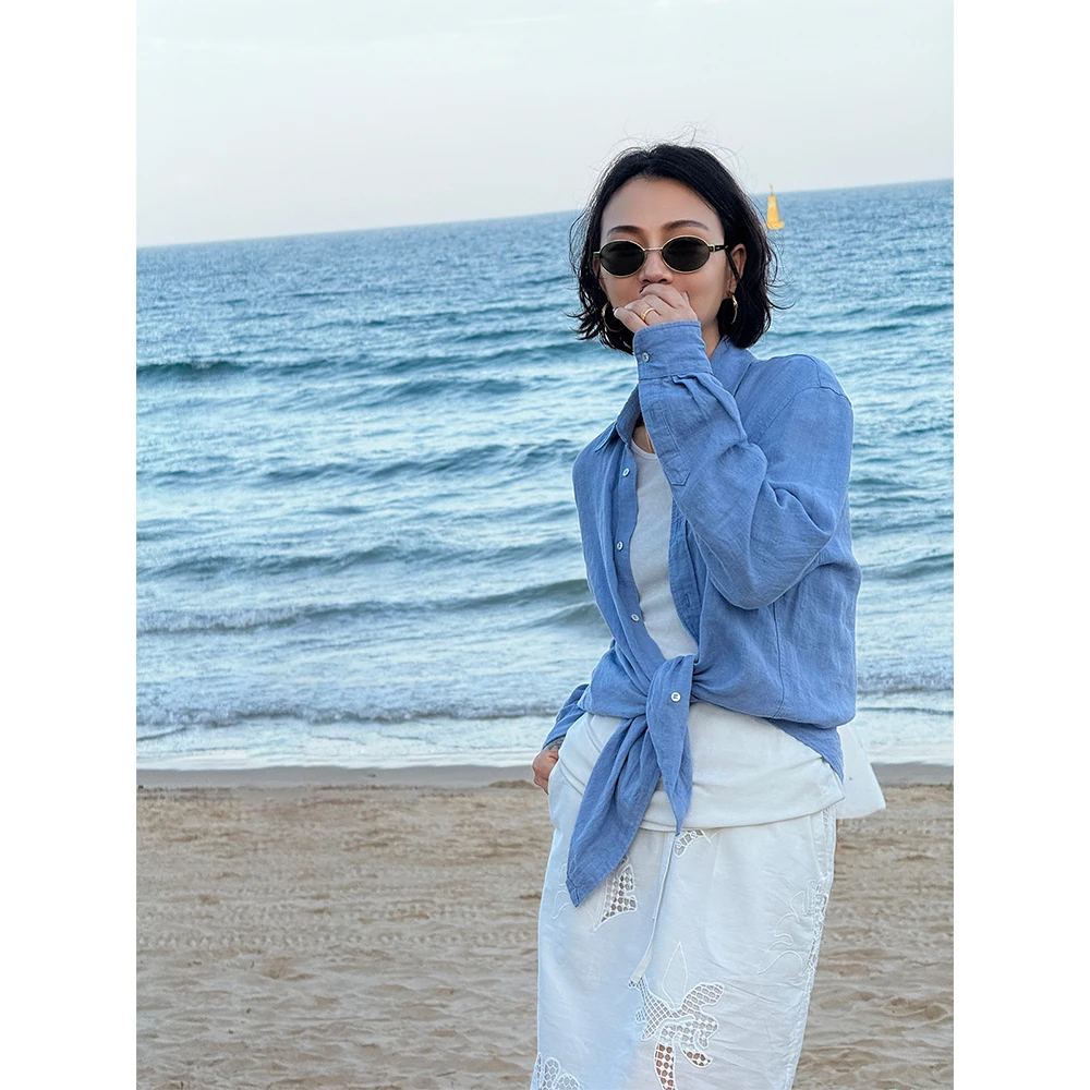 SHIIEELL夏季新款设计感百搭老钱风清新蓝亚麻宽松长袖衬衫W025A
