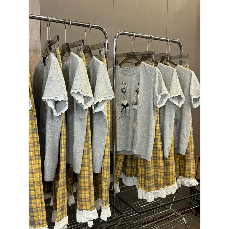家居服夏季短袖薄款甜美小熊花边卡通狗格子裤半袖睡衣套装女大码