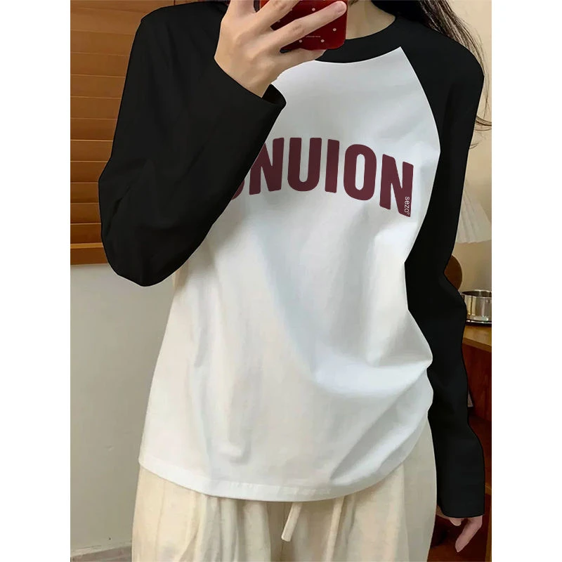 纯棉拼接插肩长袖打底秋冬新款宽松休闲慵懒风常规款黑白撞色上衣