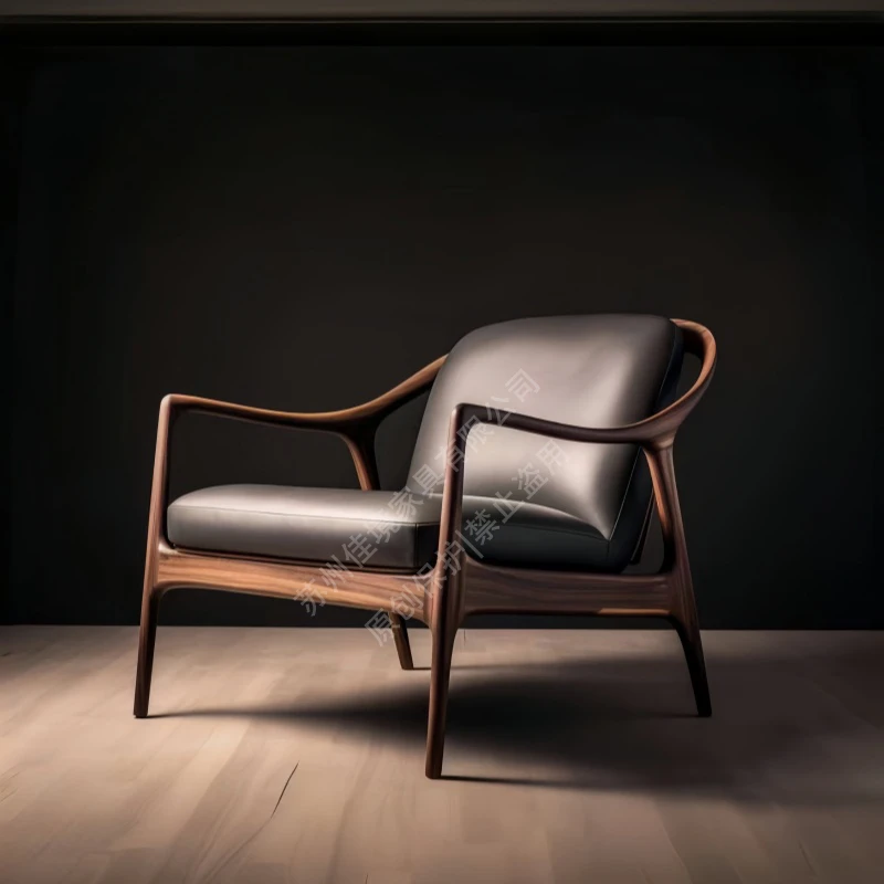 意式北美黑胡桃木沙发椅轻奢风真皮休闲椅客厅单人沙发椅新中式